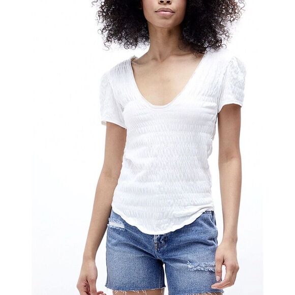 NWT New Free People Sugar Cube White V-Neck Short Sleeve Tee Size M - Picture 1 of 3